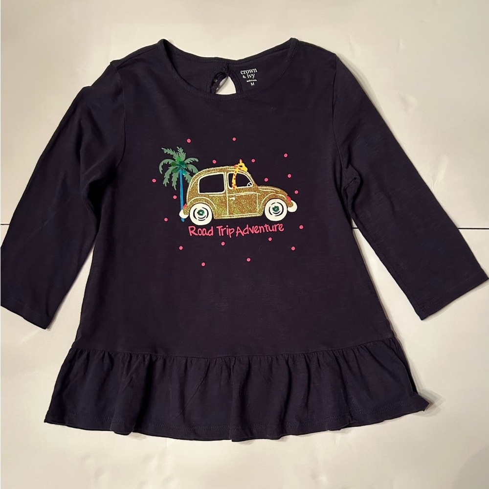 Crown & Ivy Girls M (8-10) Navy Long Sleeve Ruffled Graphic Knit Shirt